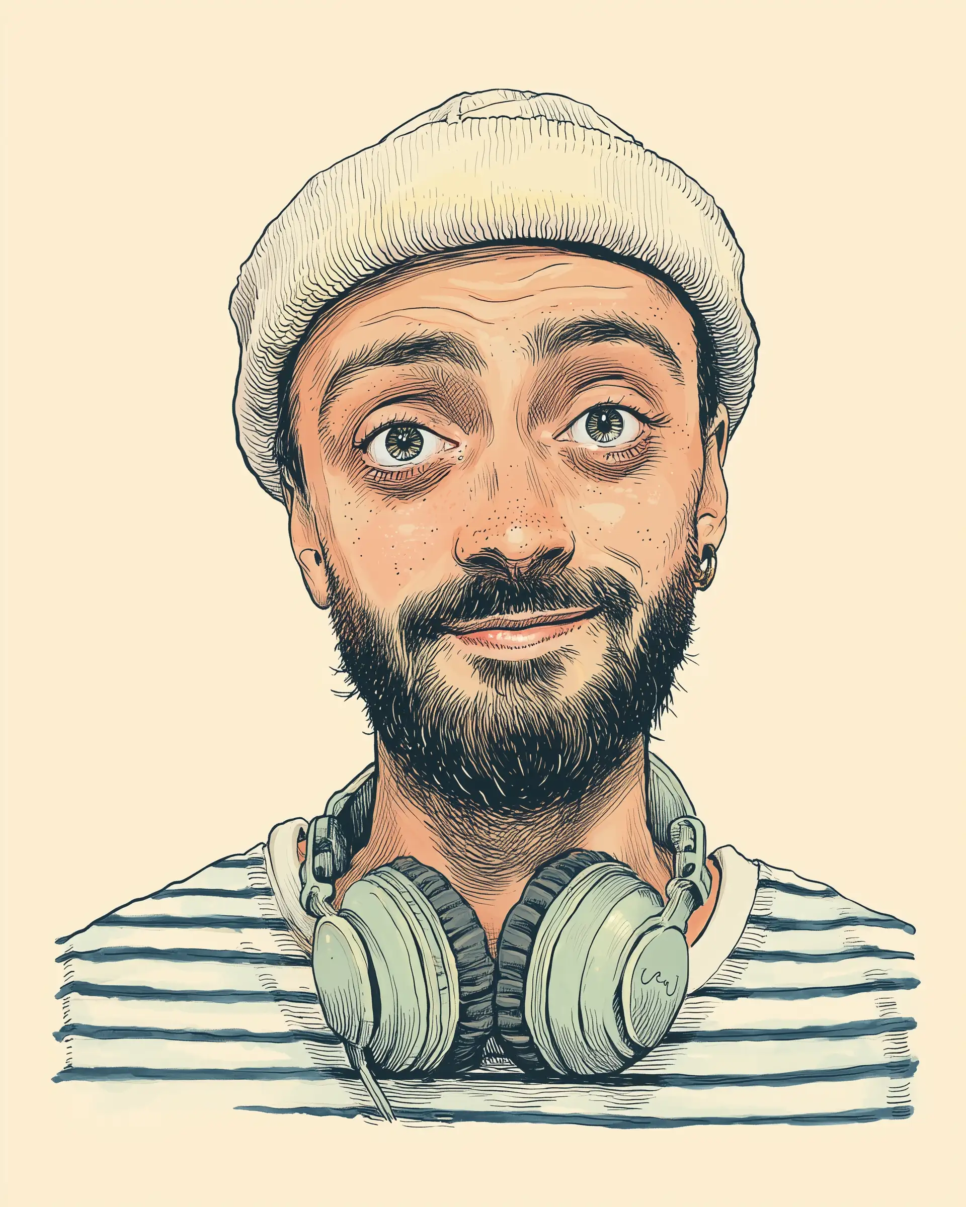 Robin Wendling, dessiné de face, un casque audio autour du cou.