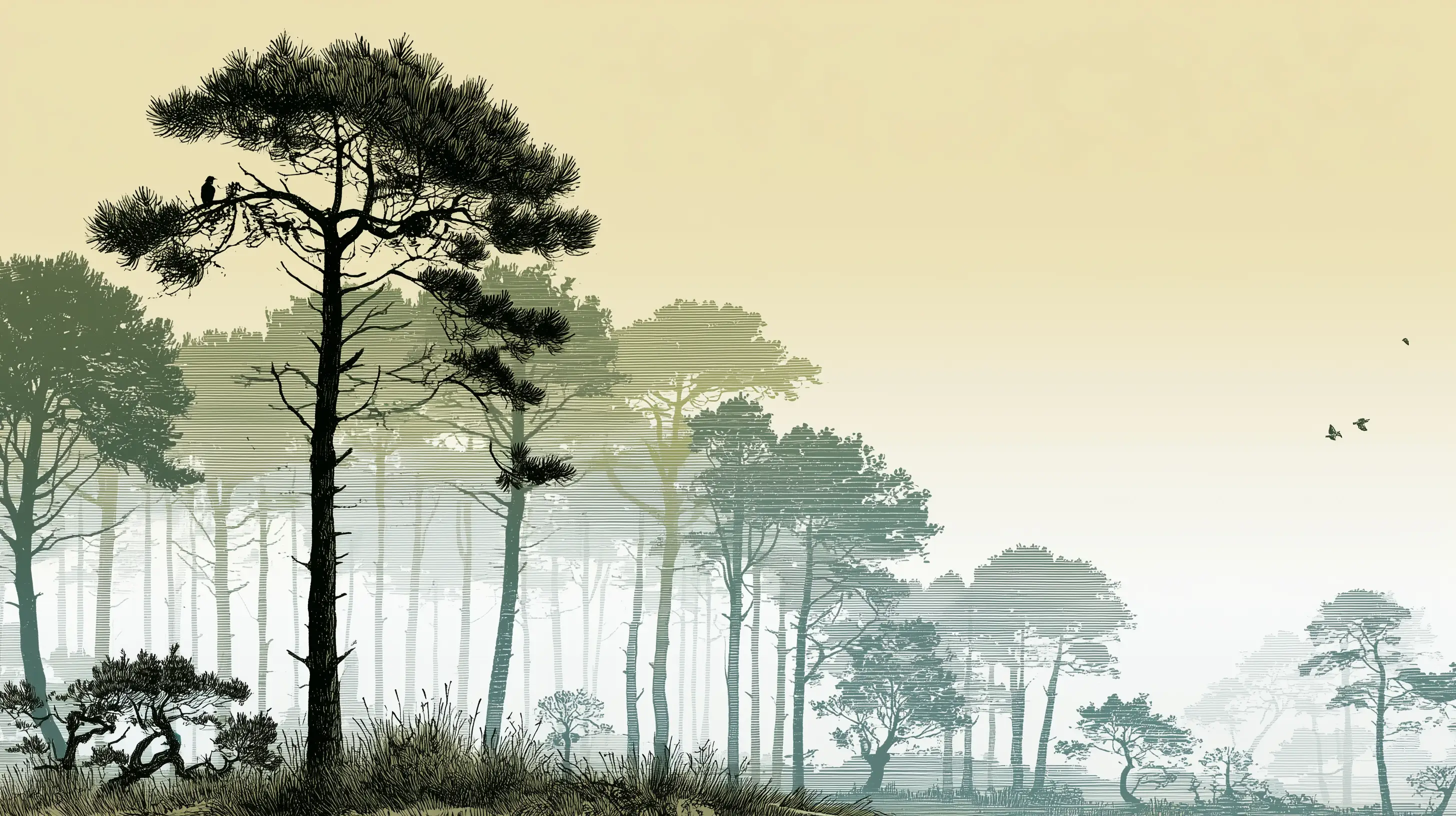 Forêt bretonne au petit matin, gravure : de grands pins émergent de la brume.